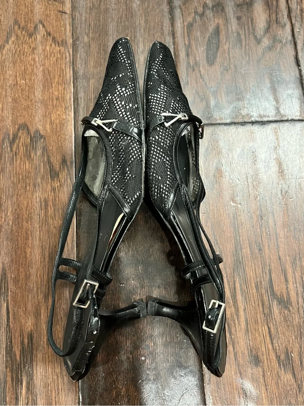 Vintage Stuart Weitzman Black Mesh Slingback Pointed Heels